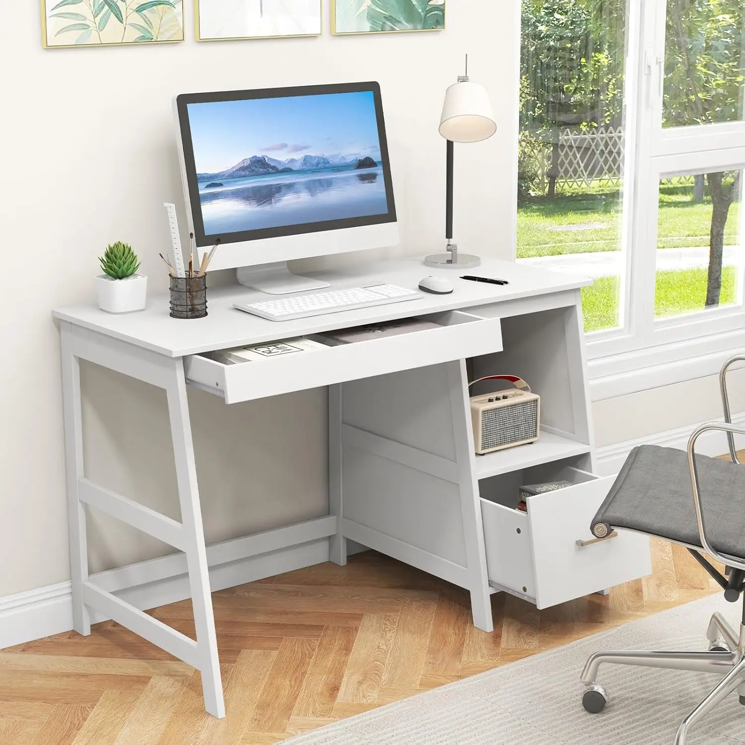 Contemporary White Desk with Storage Efficient Study Writing Table Versatile Workspace Functional Home Office Desk