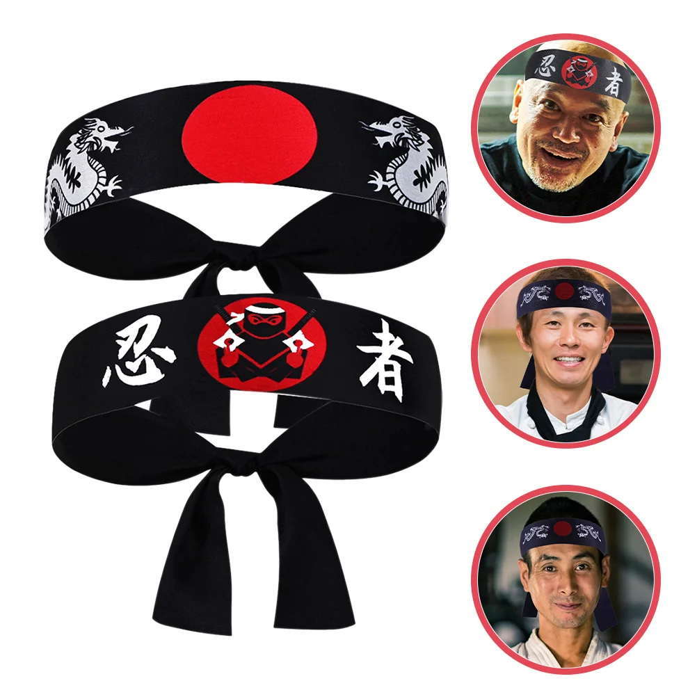 2 Pcs Japanese Ninja Headscarf Headband Headbands Cooking Costume Karate Supply Hat Samurai Sushi Chef Headwear