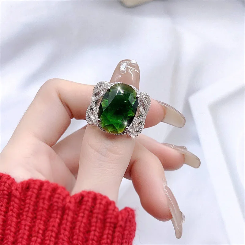 Luxury Oval AAA Green Zircon Jewelry Rings for Women Adjustable Size Wedding Ball Noble Accessories Anniversary Gift G1833