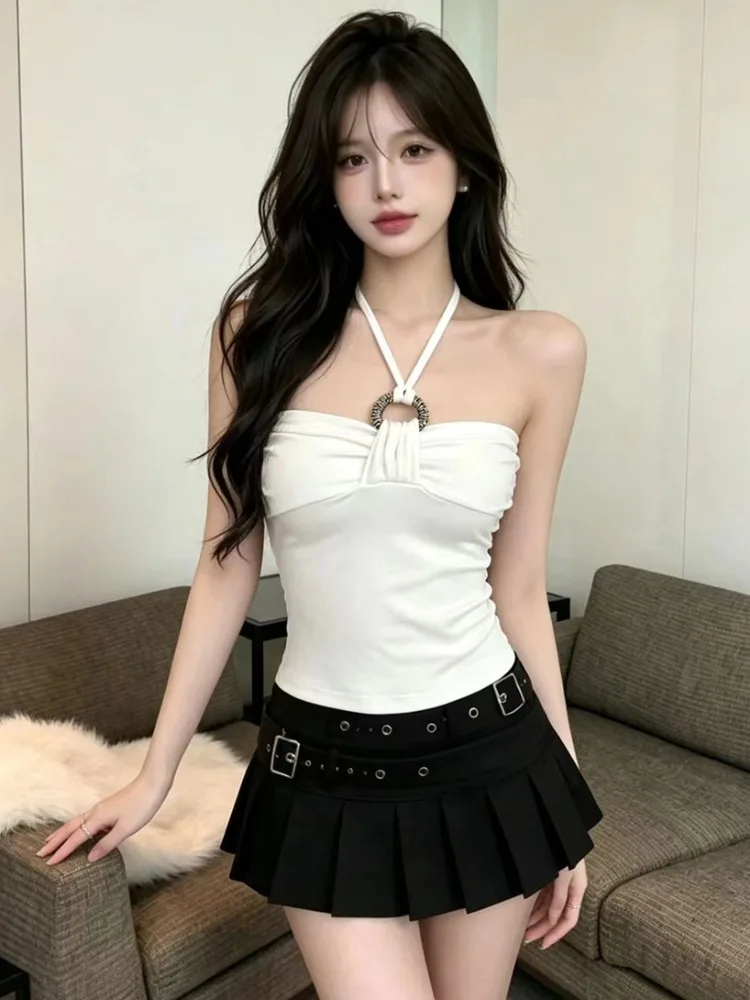 

Summer New Sexy Neck Hanging Vest Women's Inner Wear Personality Design Spicy Short Slimming Top Knitted mid Waist Korean Style