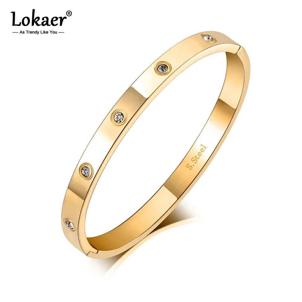 Lokaer Luxury CZ Crystal 6mm Cuff Bangles For Women Trendy Cubic Zirconia Love Titanium Stainless Steel Bracelet Jewelry B19062