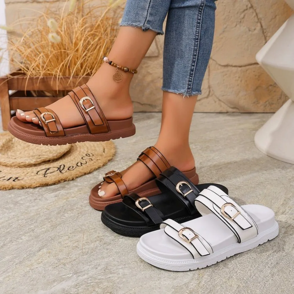 Fashion Summer Women Shoes Flat Bottom Metal Buckle Soft Sole Ladies Beach Slippers Outdoor Plus Size Retro Female Slides