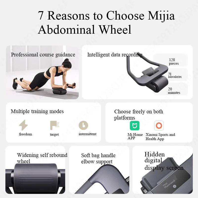 新しいXiaomi Mijiaスマート腹筋ローラー、強力な耐荷重、滑り止めローラー、運動器具、フィットネストレーニング、Mi Homeアプリ対応