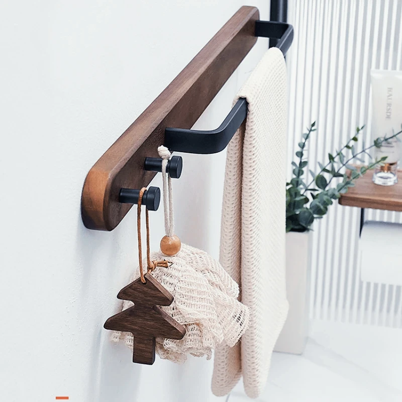 

Walnut Wood Bathroom Towel Bar with Metal Rod Wall Mounted Bath Towel Rack Bathroom Hook Row Hook 40 cm 50 cm