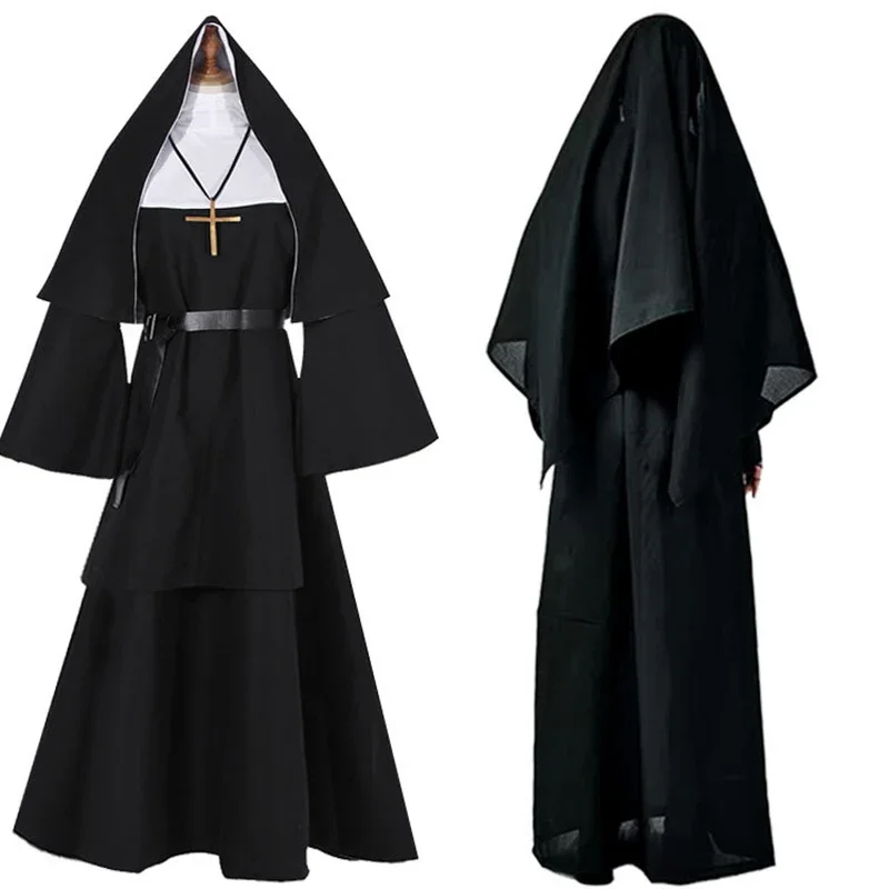 Halloween Nun Cosplay CostumeTraditional Adult Valak Black Religious Robe Suit Halloween Party Demon Nun Performance Clothes