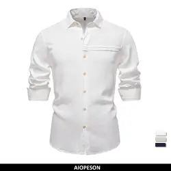 2025 New Design Men's Solid Color Linen Long Sleeve Shirt - Casual Button-Down Collar Shirt for Men