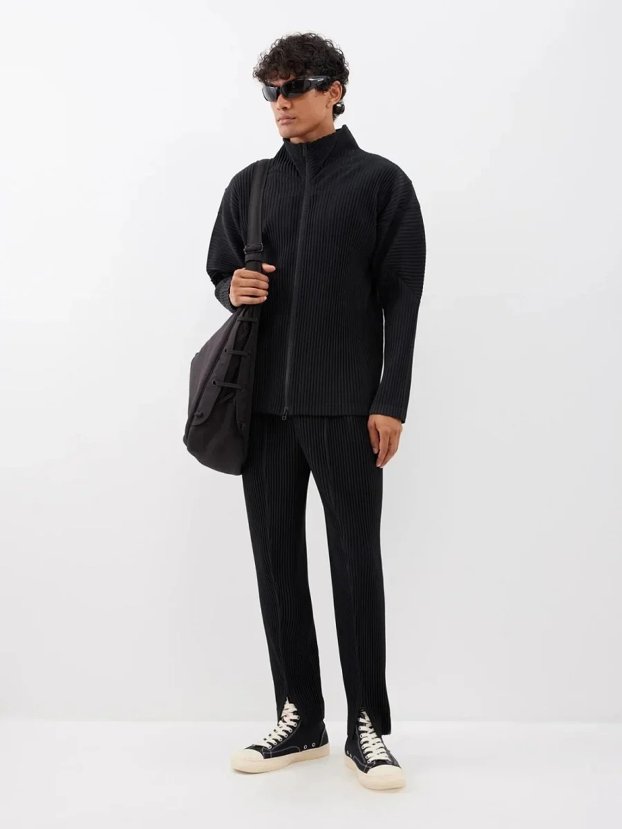 Miyake Pleated Men's Jacket Two Way Zipper Casual Loose Coat Japanese Fashion Streetwear Outerwear