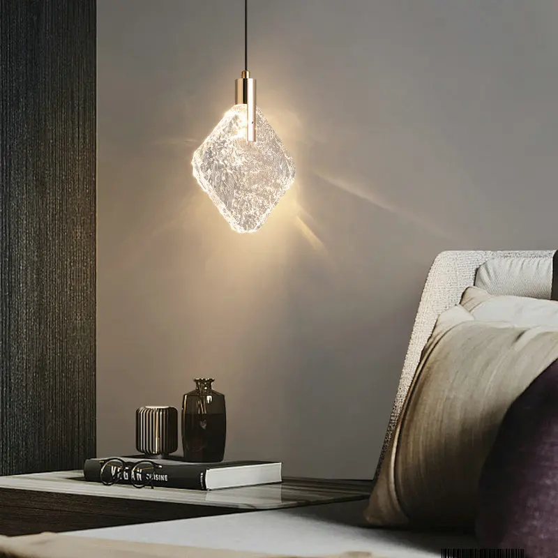 Modern Diamond Textured Glass Pendant Lamp Gold Metal Socket Hanging Light Minimalist LED Suspension Chandelier for Bedroom Beds