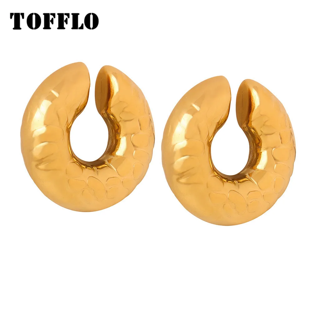 TOFFLO Stainless Steel Jewelry Irregular Hammer Texture U-Shaped Ear Clip Women's Fashion Earrings BSF1011