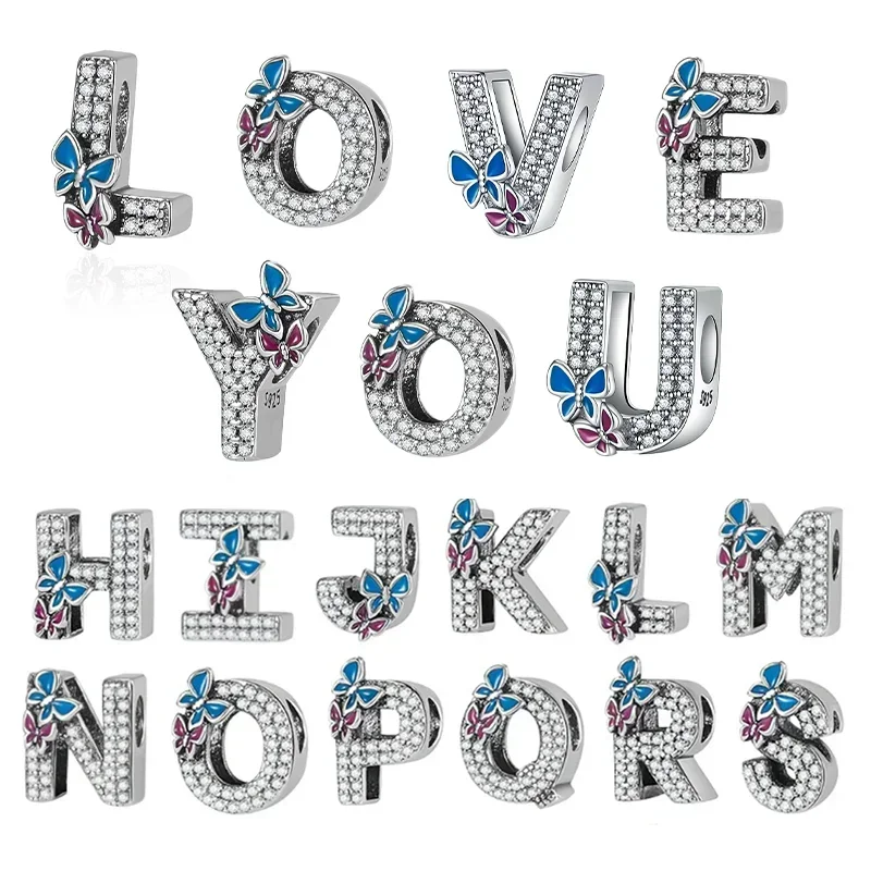 Оригинальные серебряные бусины S925 26, буквы A-Z с алфавитом в форме сердца, розовые очаровательные бусины, подходят для браслета, аксессуары, ювелирные изделия своими руками для женщин, прекрасный подарок