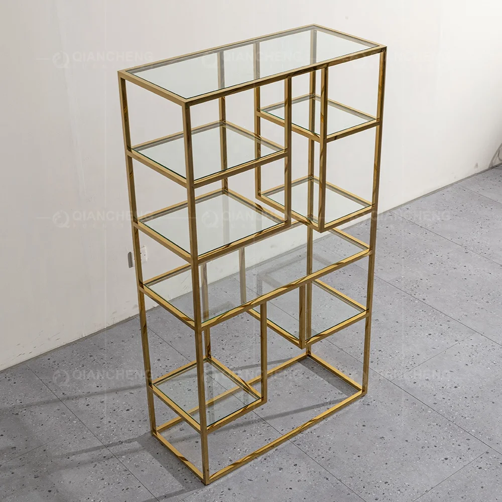 Metal 4 Shelf Golden Stainless Steel Finish Bookcase Home Furniture  Corner Tall Wine Cabinet