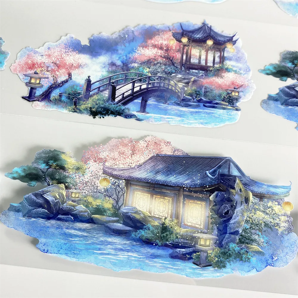 Journal Q90 Night Zero Attic Small Bridge Lake Blue PET Antique Scrapbook DIY Sticker