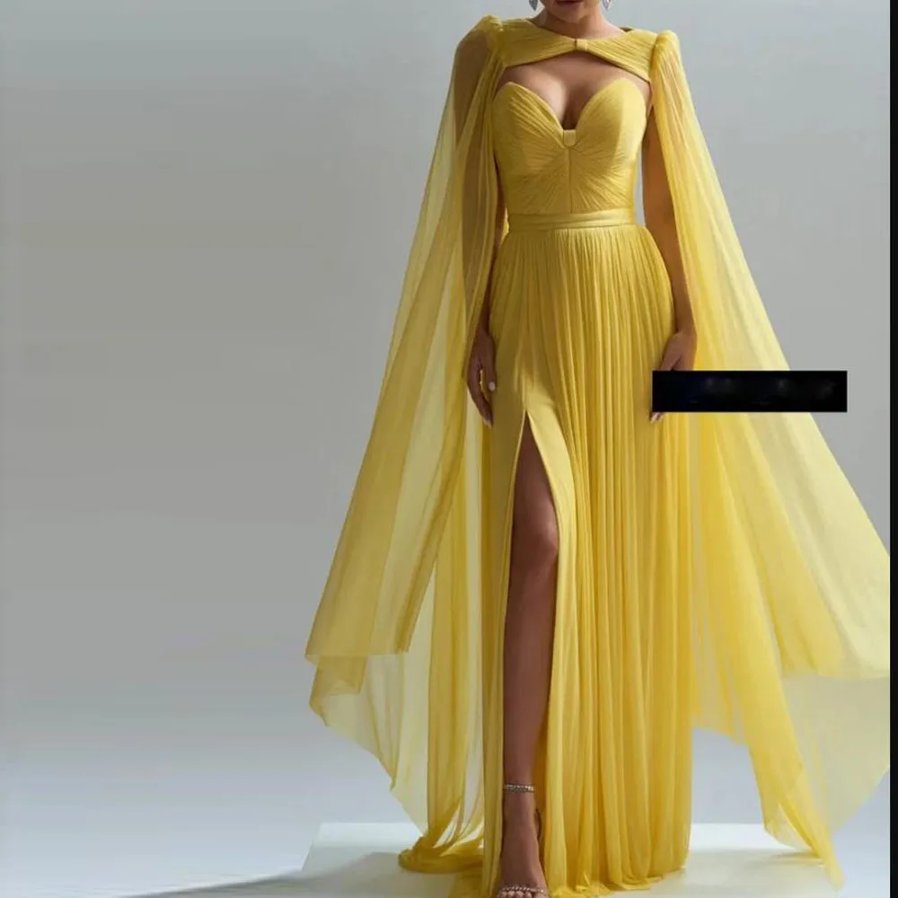 

Customized Pleated Chiffon Dresses with Shawl Sweetheart A Line Formal Evening Dress Side Split Boho Summer Wedding Guest Gown