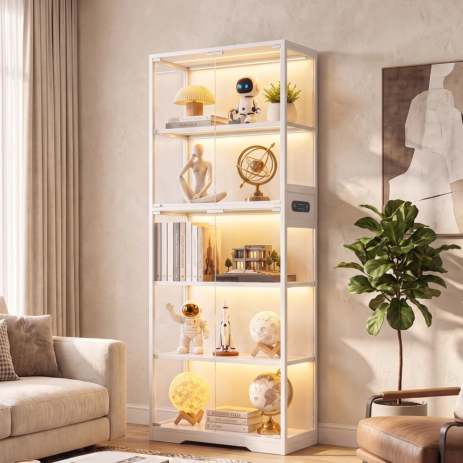 TCGBKAF 5‑Tier Glass Curio Cabinet, Motion Sensor 3‑Color Dimmable LED Lights, White Metal Frame Wood Shelves, Dustproof Collectibles Display Showcase for Living Room Office Bedroom