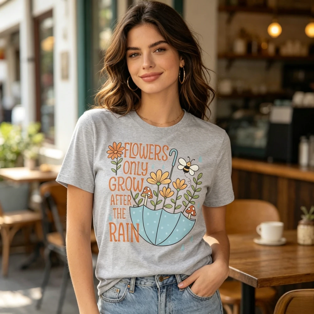 Flowers Only Grow After The Rain TShirt Spring Flowers T-Shirt Mental Health Inspirational Tee Women Casual Cotton Short Sleeve