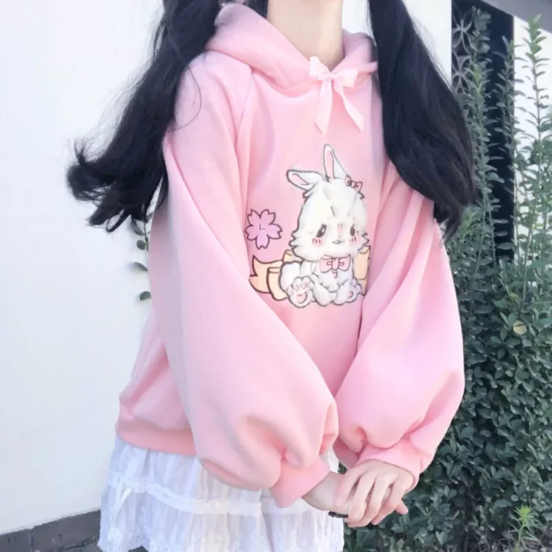 2025 가을 여성 레이스 넥 귀여운 후드티 하라주쿠 카와이 스웨트셔츠 로리타 소녀 핑크 풀오버 양털과 캔디 자수 스웨트셔츠