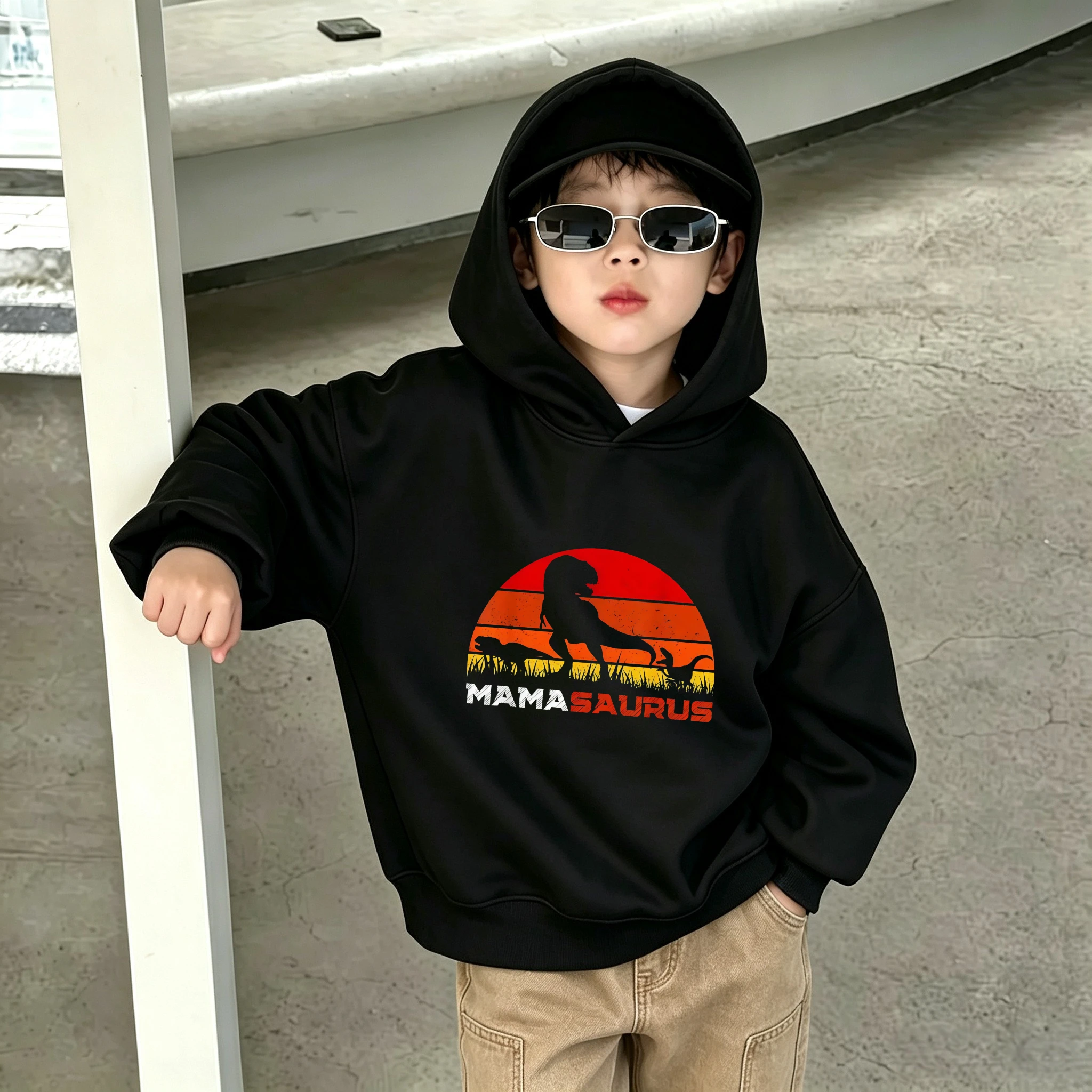 Japanese-style Devil Mask Dragon Sakura pattern children's hooded sweatshirt for boys and girls. Loose oversized casual pullover