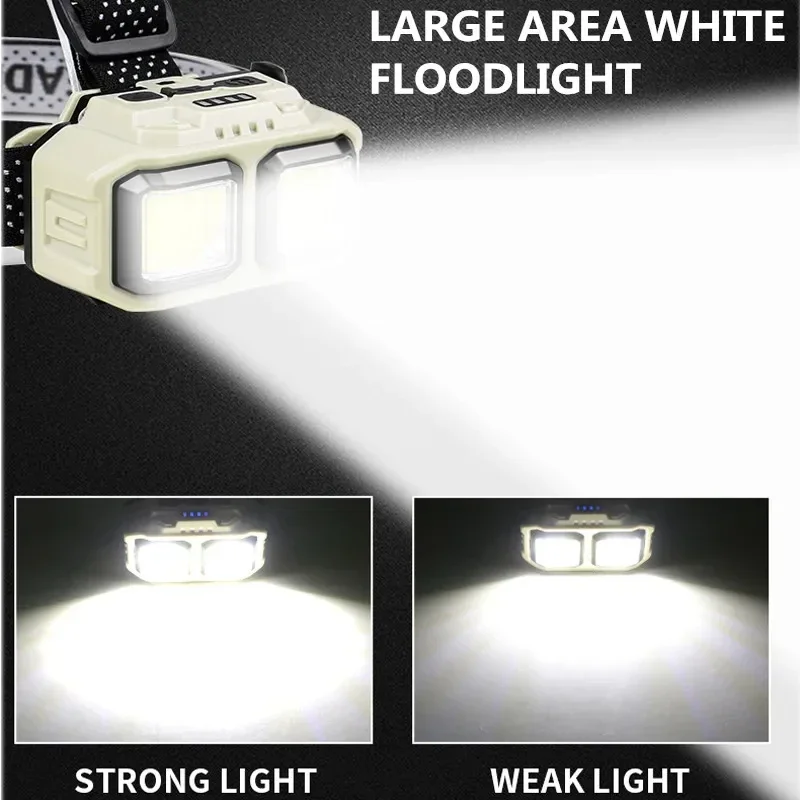 การเหนี่ยวนําที่มีประสิทธิภาพ COB LED ไฟหน้า USB ชาร์จไฟฉายทํางานกลางแจ้ง Camping ค้นหาแสงตกปลาไฟฉาย