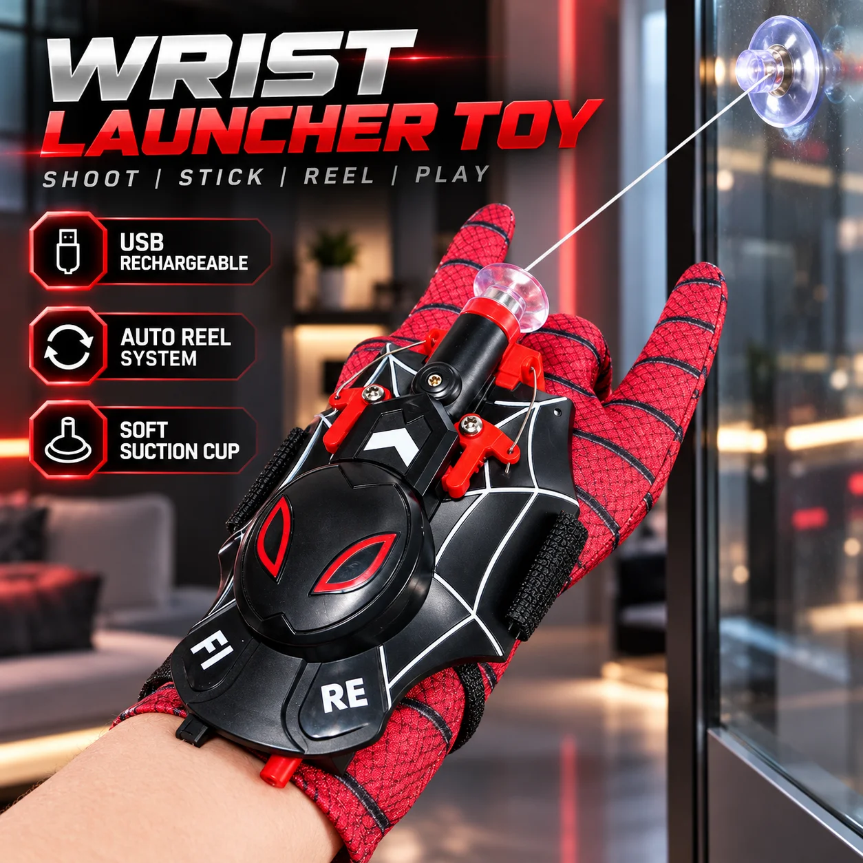 Spider Web Shooter Toy for Kids, Electric Auto Retracting String Launcher, Magnetic Suction Cup, USB Rechargeable Role Play Toy