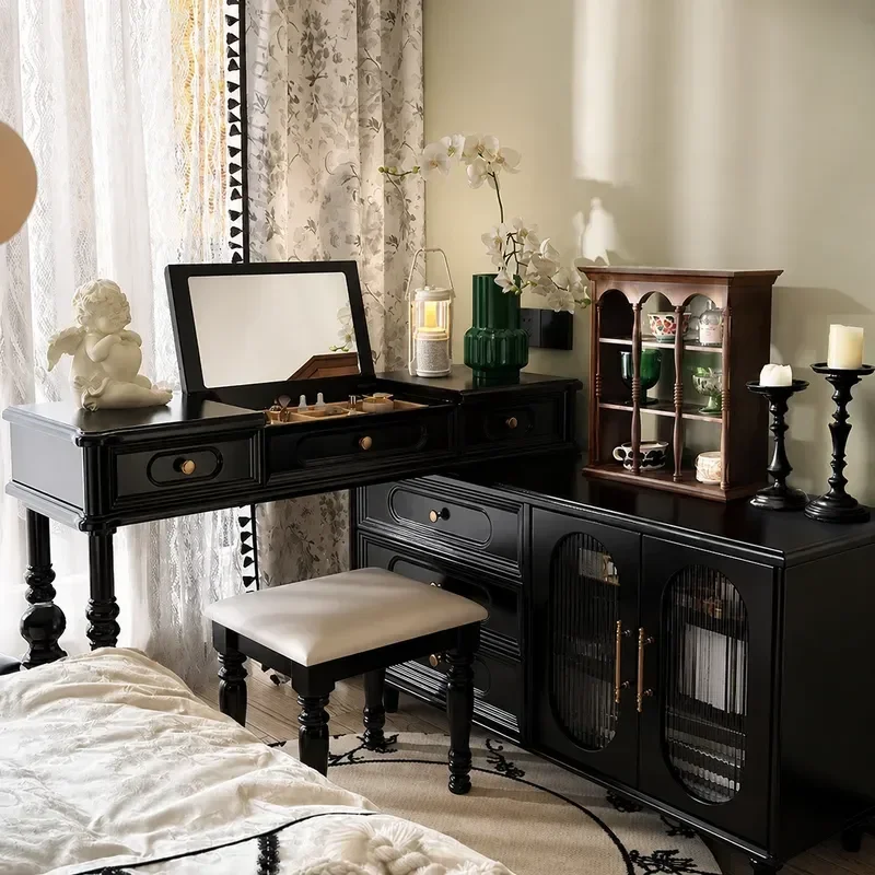 French Retro Solid Wood Dresser Chest Cabinet American Vintage Style Cosmetic Table Bedroom Nightstand Storage Furniture for