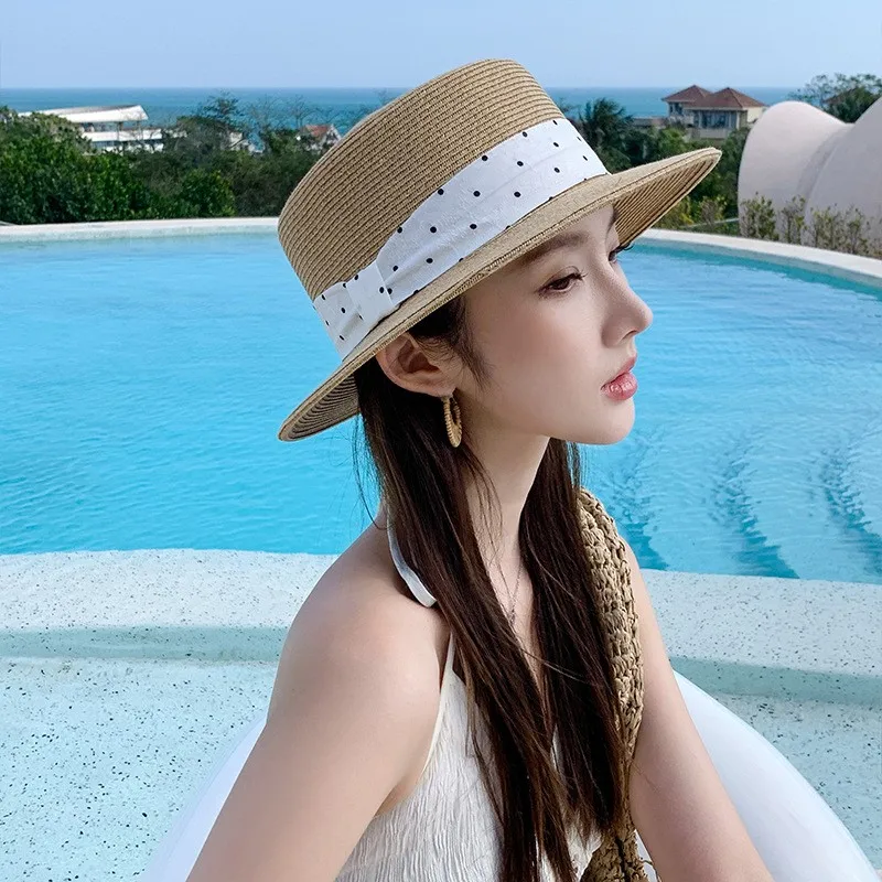 Elegant hat seaside vacation casual ribbon flat top