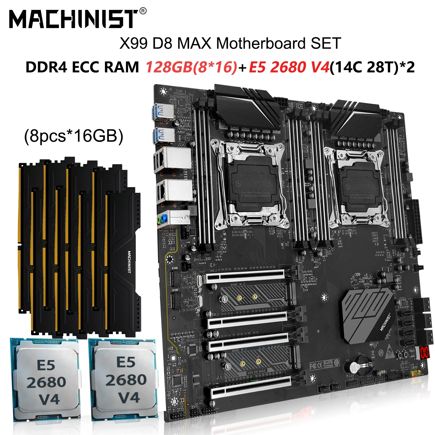 MACHINIST X99 Motherboard Set Intel LGA 2011-3 Xeon E5 2680 v4 Dual CPU Processor With 8x16=128GB DDR4 ECC RAM NVME M.2 D8 MAX