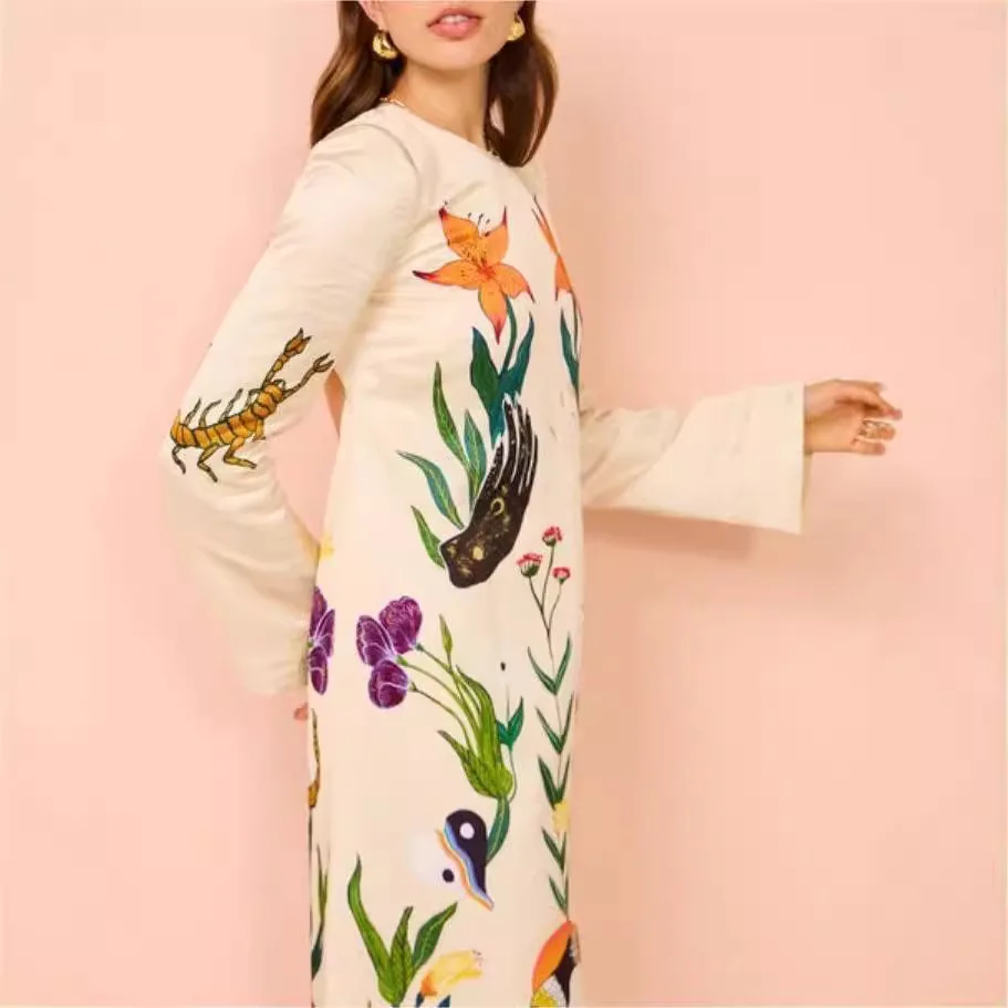 New Long Sleeved Backless Animal Print Street Casual Long Dress for Women