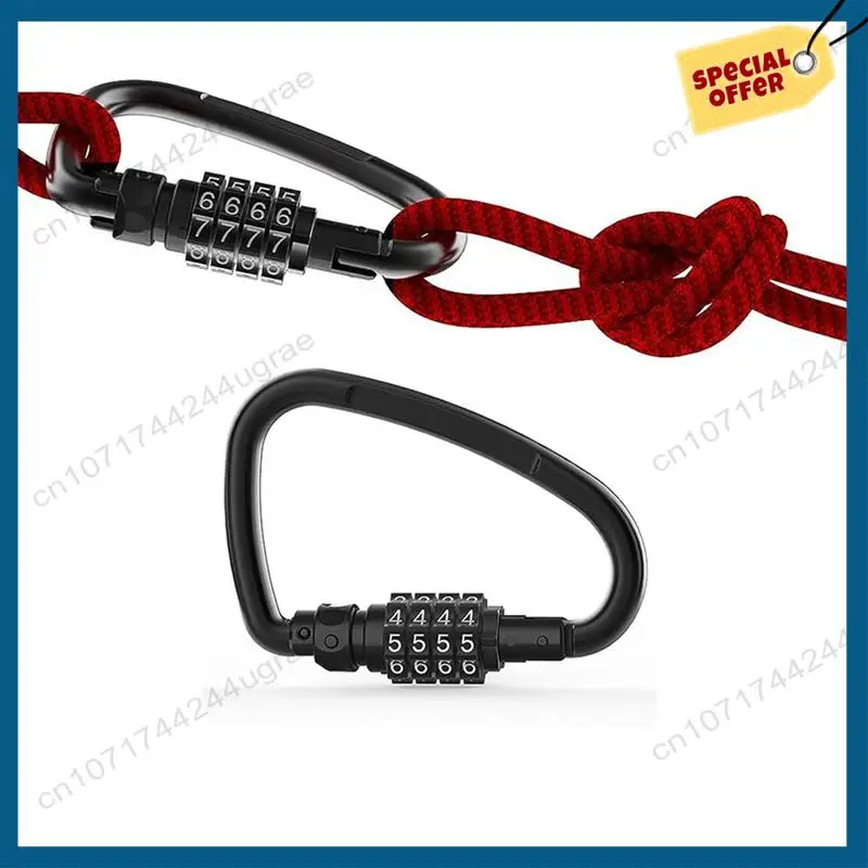 -A15I 1 PCS Combination Locks, 4-Digit Heavy Duty Carabiner Clips Black D-Shaped Code Lock For Looped Bike Security Cable Lock