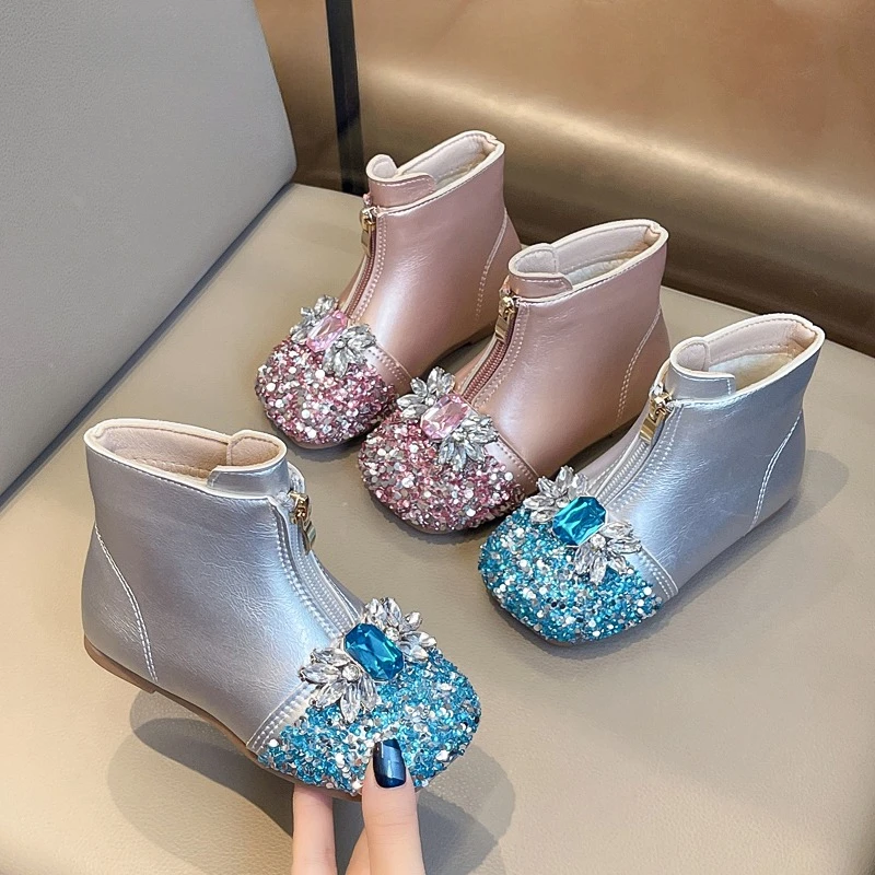 Girls Ankle Boots Sequins Patchwork Kids Princess Boots Sweet Bowknot Children's Fashion Leather Boots Spring Autumn Winter