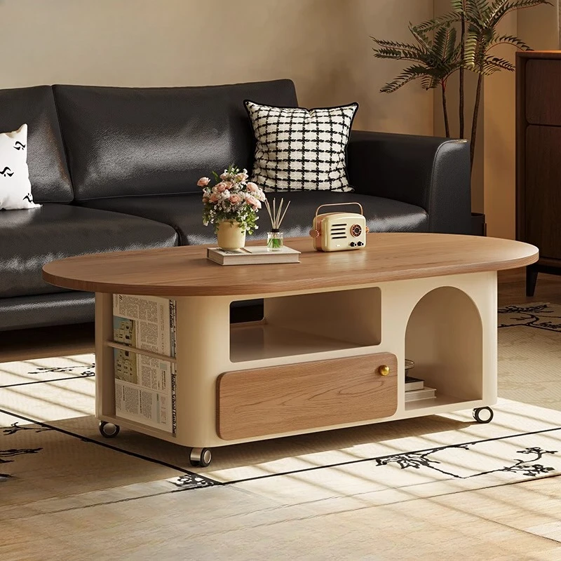 

Cream wind solid wood coffee table living room household small apartment light luxury medieval oval cart designer movable tea ta