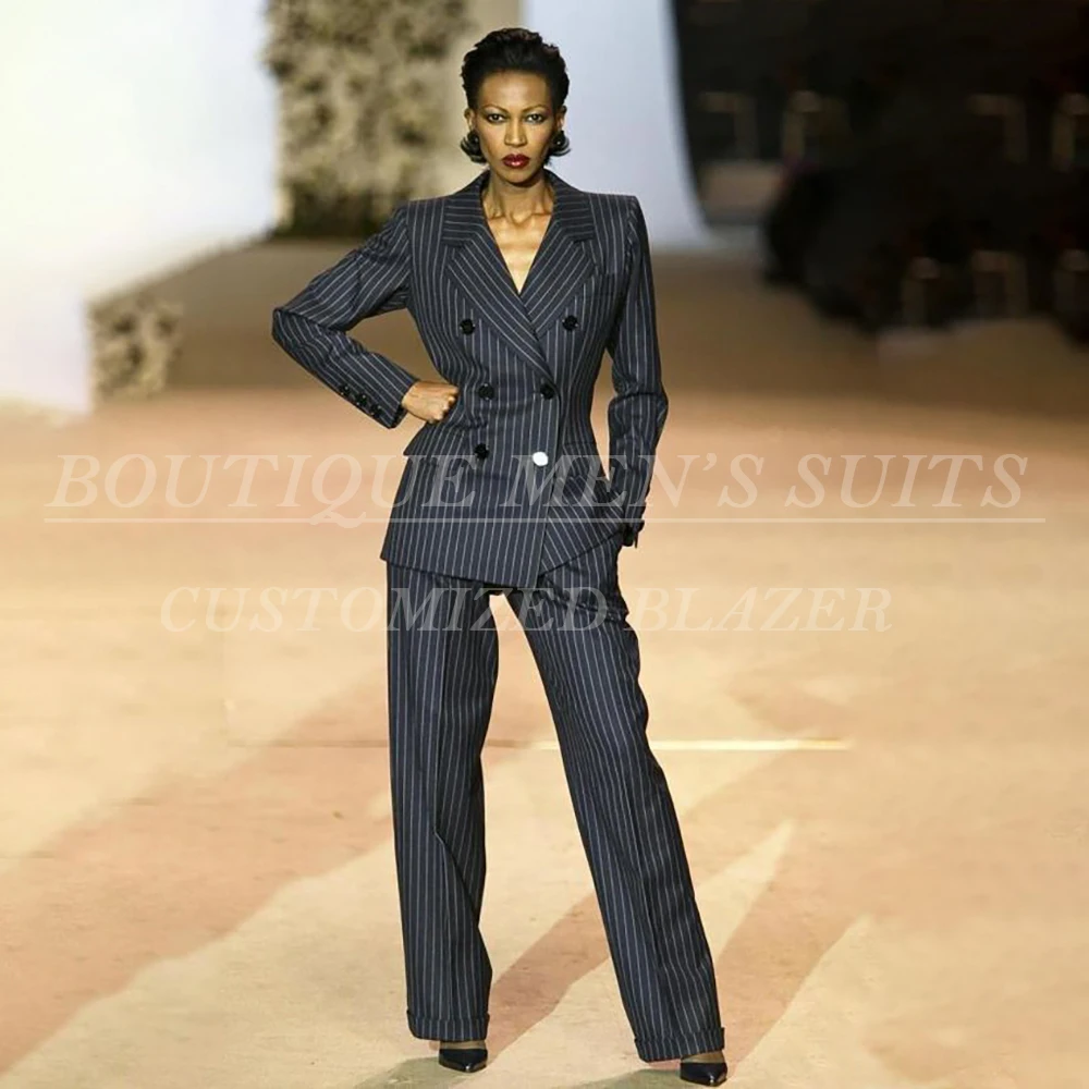 

Navy Blue Pinstripe Women's Suits Slim Fit 2 Piece Jacket Pants Luxury Double Breasted Business Office Clothing High Quality Set