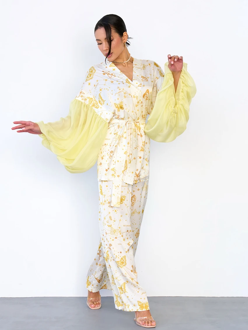 

Marthaqiqi Printing Women's Nightgown Suit Lace Up Nightwear Long Sleeve Robe Turn-down collarPajama Pants Winter Sleepwear Set