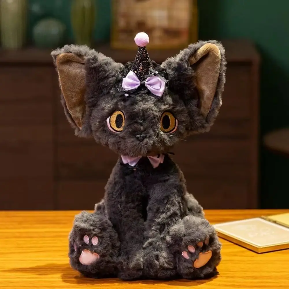 Halloween Style Devon Rex Cat Plush Toy Spider Web Tie Big Eyes Black Cat Plush Doll Huggable Soft Devon Rex Throw Pillow