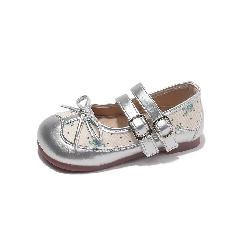 Girls French Country Mary Janes Spring Fall kid's Silver Floral Print Pumps with Bow children's Soft Sole Cottagecore Shoes