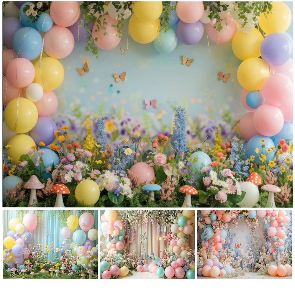 

Baby Girl 1st Birthday Backdrop For Photography Butterfly Floral Balloons Newborn Baby 1st Birthday Party Photo Background Decor