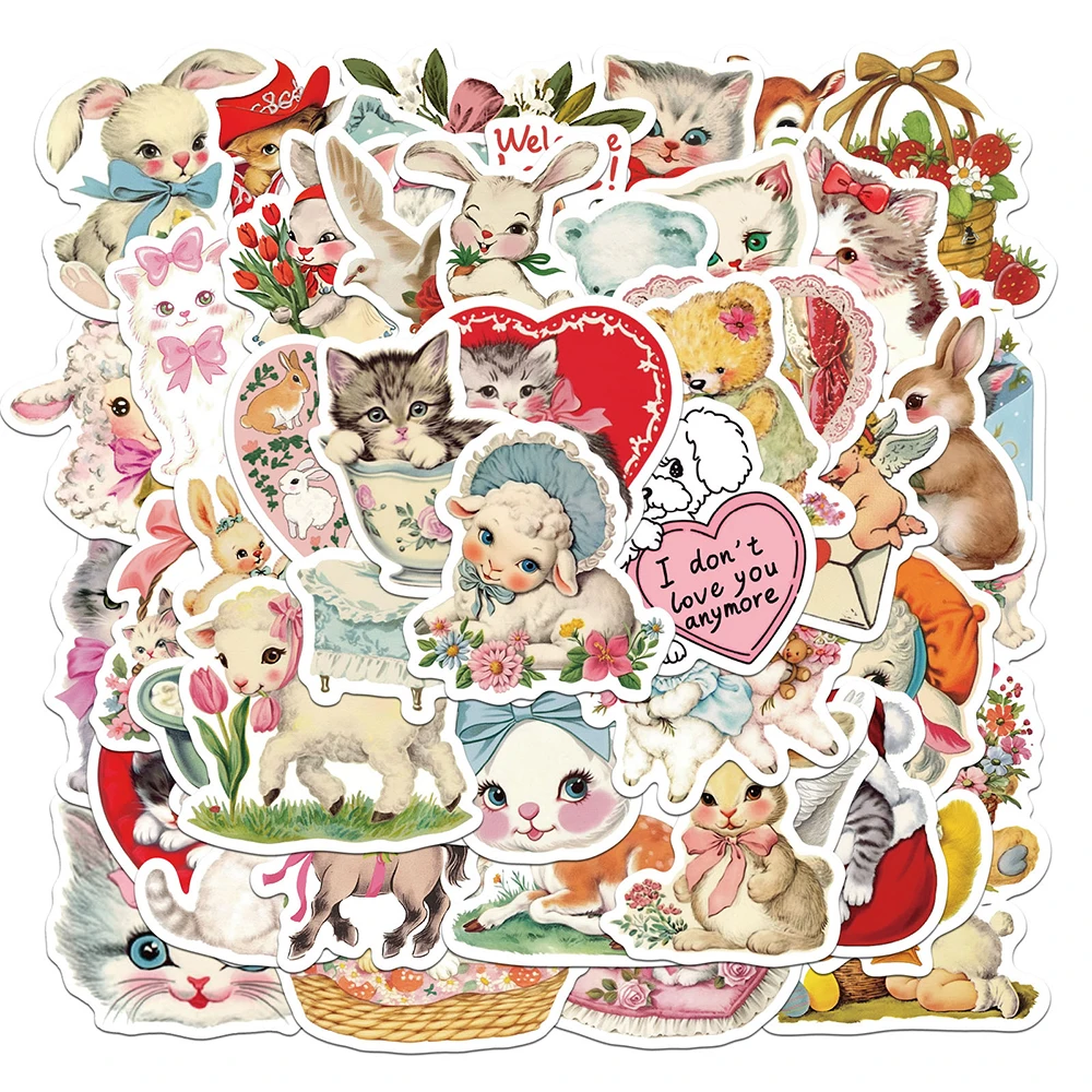 

10/30/50pcs Cute Vintage Animals Cartoon Stickers Kawaii Girl Art Decal DIY Laptop Scrapbook Waterproof Retro Decoration Sticker