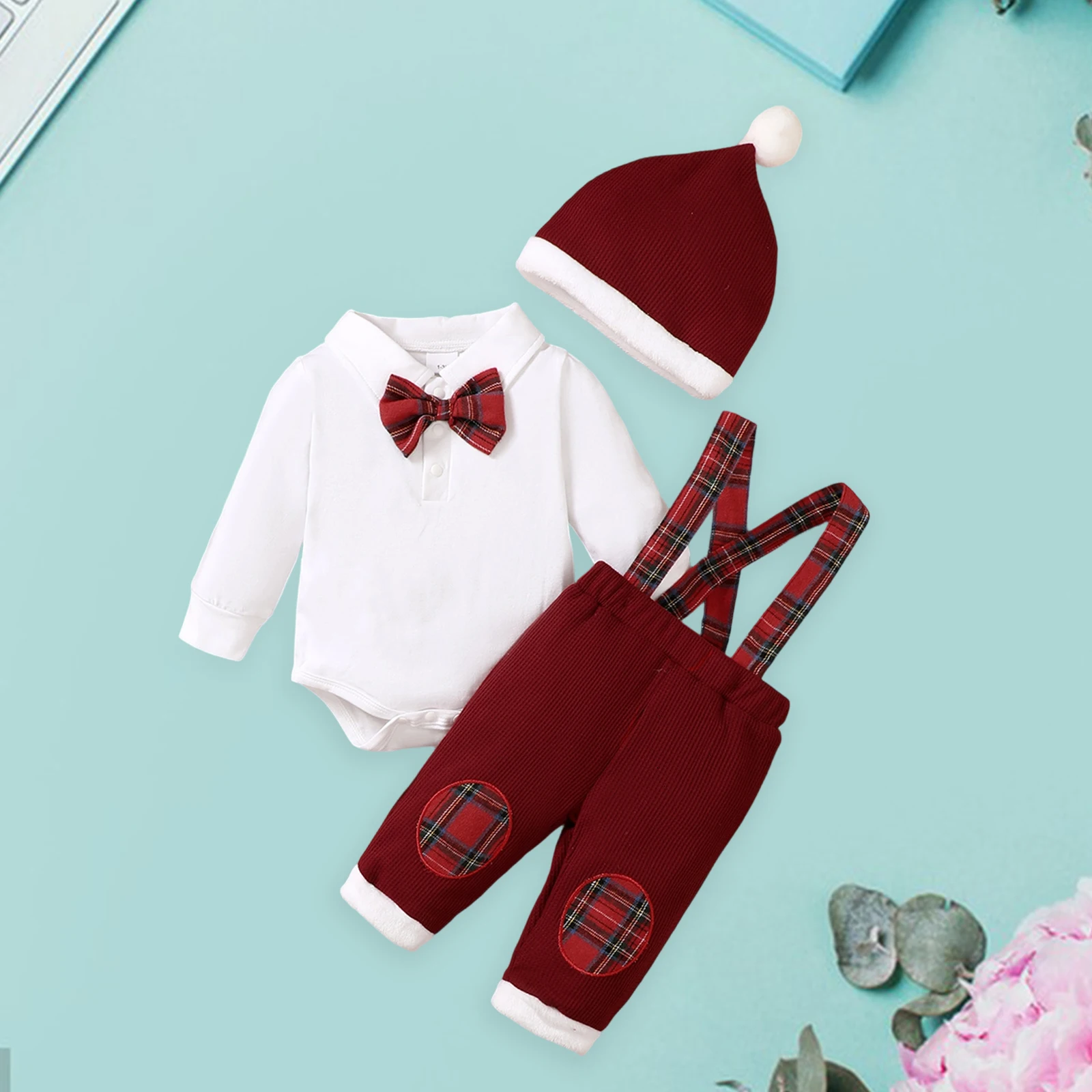 

Toddler Boys 3-Piece Holiday Ensemble with Long Sleeve Lapel Collar Romper Pants and Hat - Festive Infant Clothing Set