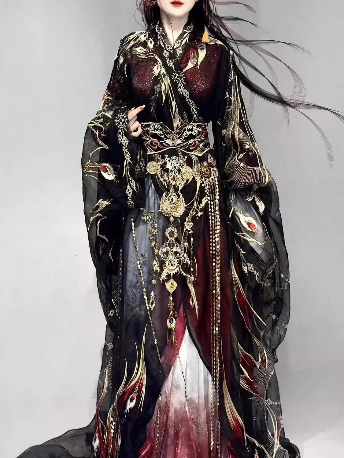 National Style Grand Ceremony Show Style Xihe Hanfu Improved Warring States Robe Unisex Heavy Embroidery Black Red Tail Dragging