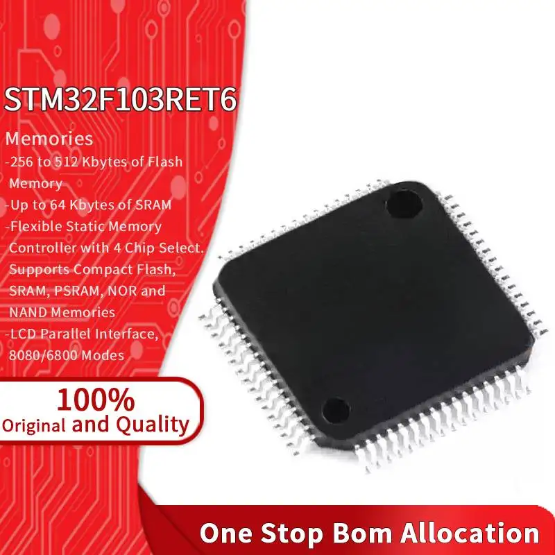 STM32F103RET6 Microcontroller LQFP64 MCU 72MHz 512KB Flash 64KB SRAM ARM Cortex-M3 32-bit Processor Embedded IC Chip Module