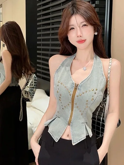 Sexy V-Neck Zipper Crop Top Women's Slim Fit Irregular Hanging Neck Design Pure Desire Style Short Length Vest Summer Fashion