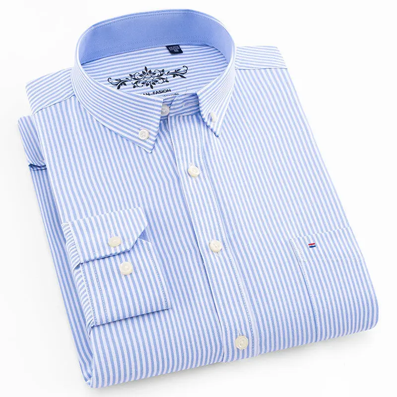 Camisa Oxford de manga larga para hombre, camisas de vestir informales de algodón sólido para negocios, camisa azul a cuadros a rayas con botones,