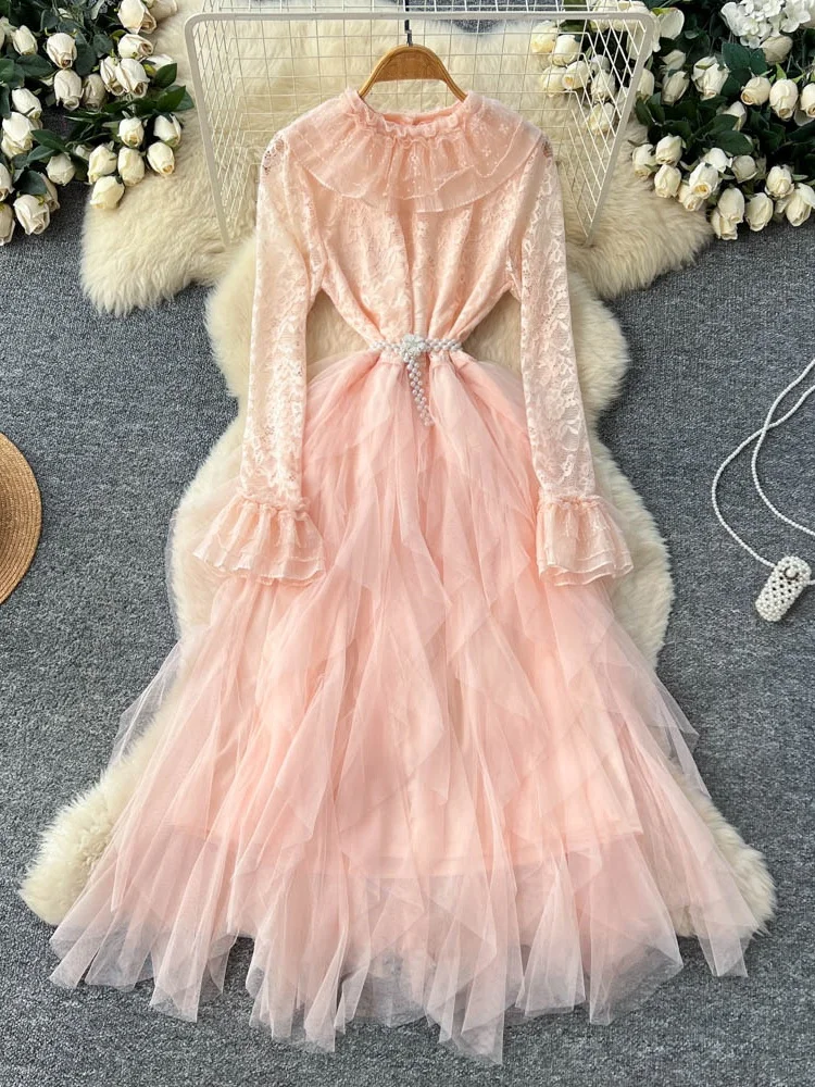 

Элегантное женское платье с длинными рукавами из кружева и тюля, с плиссированной юбкой в стиле французского плиссе, приталенное, для повседневной носки, из полиэстера