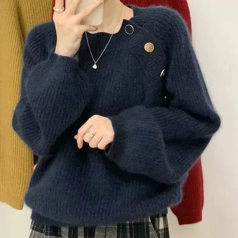 

Vintage Buttons Women Knitted Pullover Sweater Autumn Winter Lantern Long Sleeve Loose Fashion Jumper Clothes Sweaters 28219
