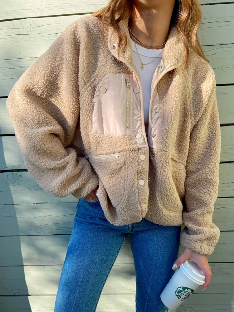 Vintage Plush Jacket Women Loose Casual Lamb Wool Coat Female Winter Retro Warm Solid Color Buttons Chic Outerwear Ladies