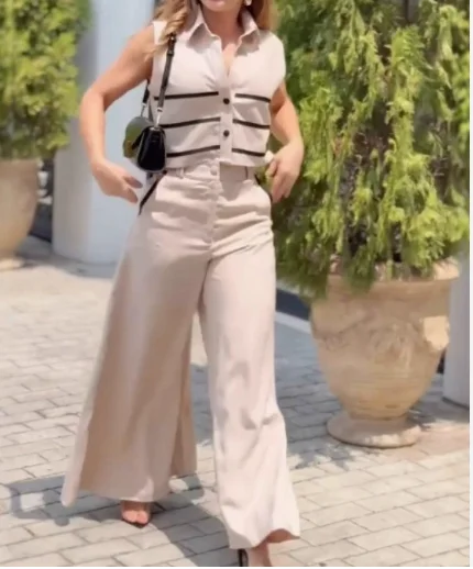 

Women's Two-Piece Fashionable 2025 Summer New Fashion Contrasting Short Sleeveless Top Casual Wide Leg Pants Two-Piece Set