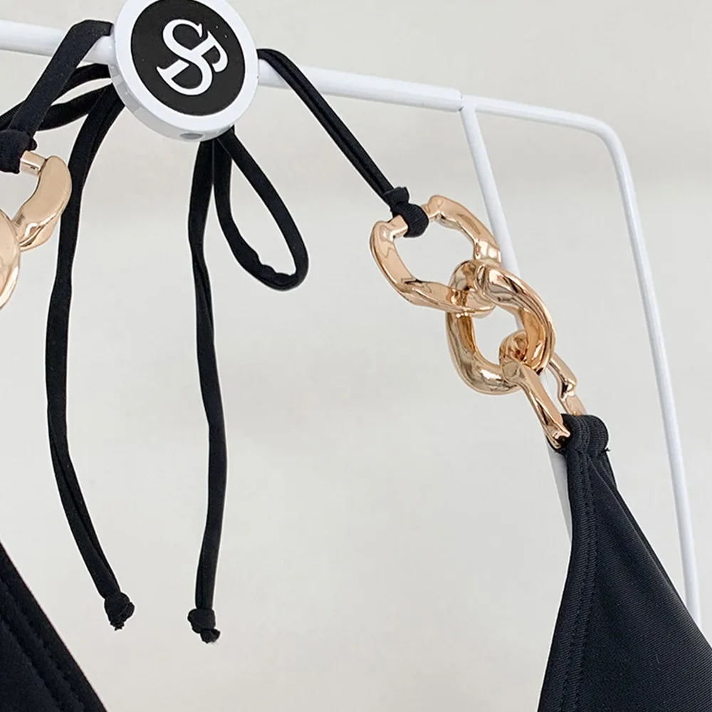 Sexy Boho Metallic Bikini Set Split Adjustable Bathing Suit Solid Color Backless Swimsuit Beach Wear