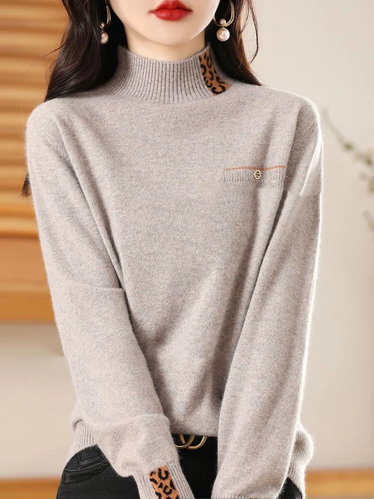 Sweater Pullover rajut wanita, Sweater kasmir hangat setengah tebal, atasan Jumper Pullover wanita rajut lengan panjang musim gugur dan musim dingin