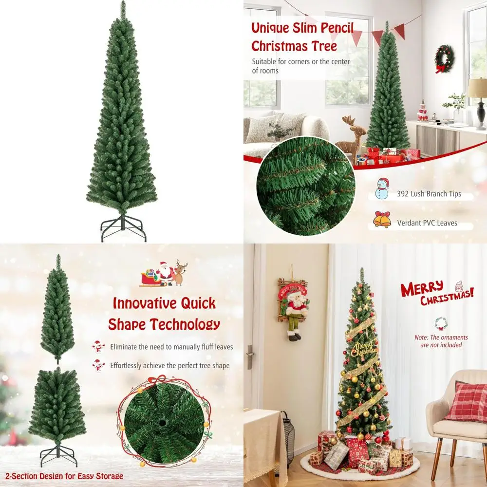 

Artificial 6ft Slim Pencil Christmas Tree with Quick Shape Technology, 392 Branch Tips, Foldable for Easy Storage