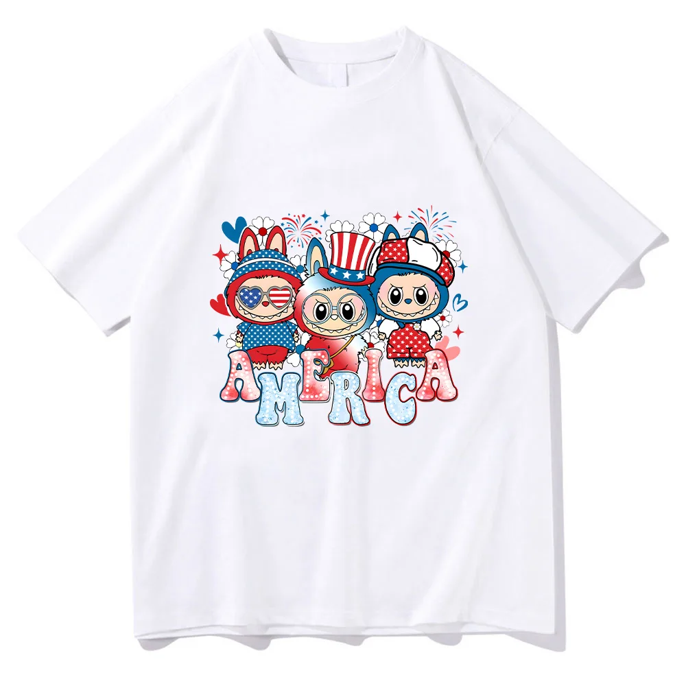 

Футболка Labubu America, забавная футболка с мультяшным принтом, очаровательные повседневные хлопковые футболки унисекс, модные универсальные футболки высокого качества