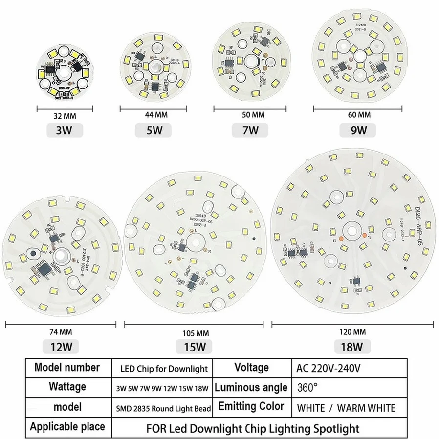 Chip LED para luz descendente, 3W, 5W, 7W, 9W, 12W, 15W, 18W, SMD 2835, cuentas de luz redonda AC 220V-240V